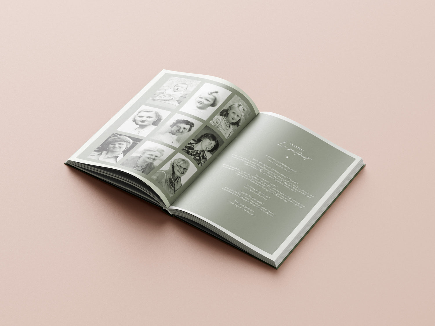Livre personnalisé Bavardises avec la page portrait coloris sauge et ses neuf photos d'une biographie facile à réaliser